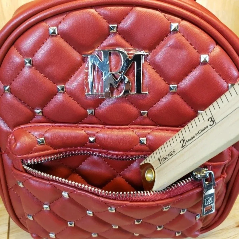 Badgley Mischka Red Quilted Studded Vegan Leather Mini Backpack NWT
